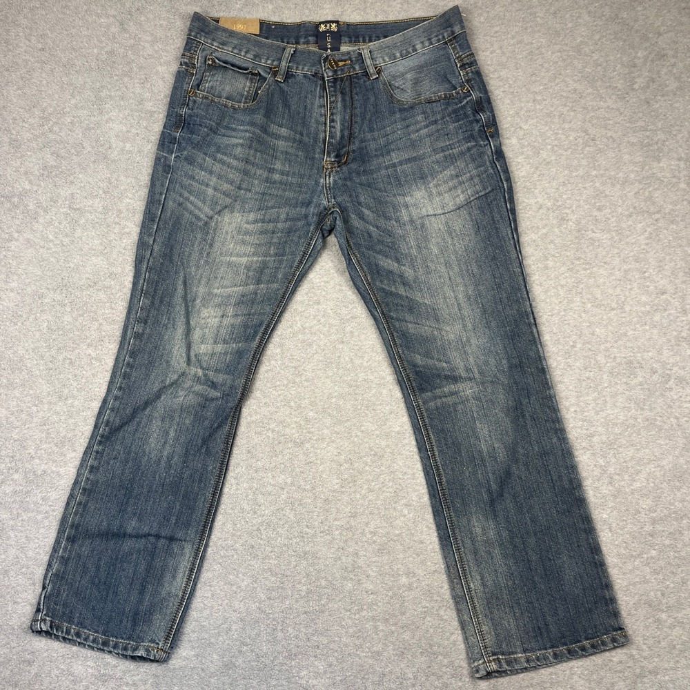 F.U.S.A.I. Jeans Mens 36 Blue Straight Leg Denim Pants Faded Casual Embroidered